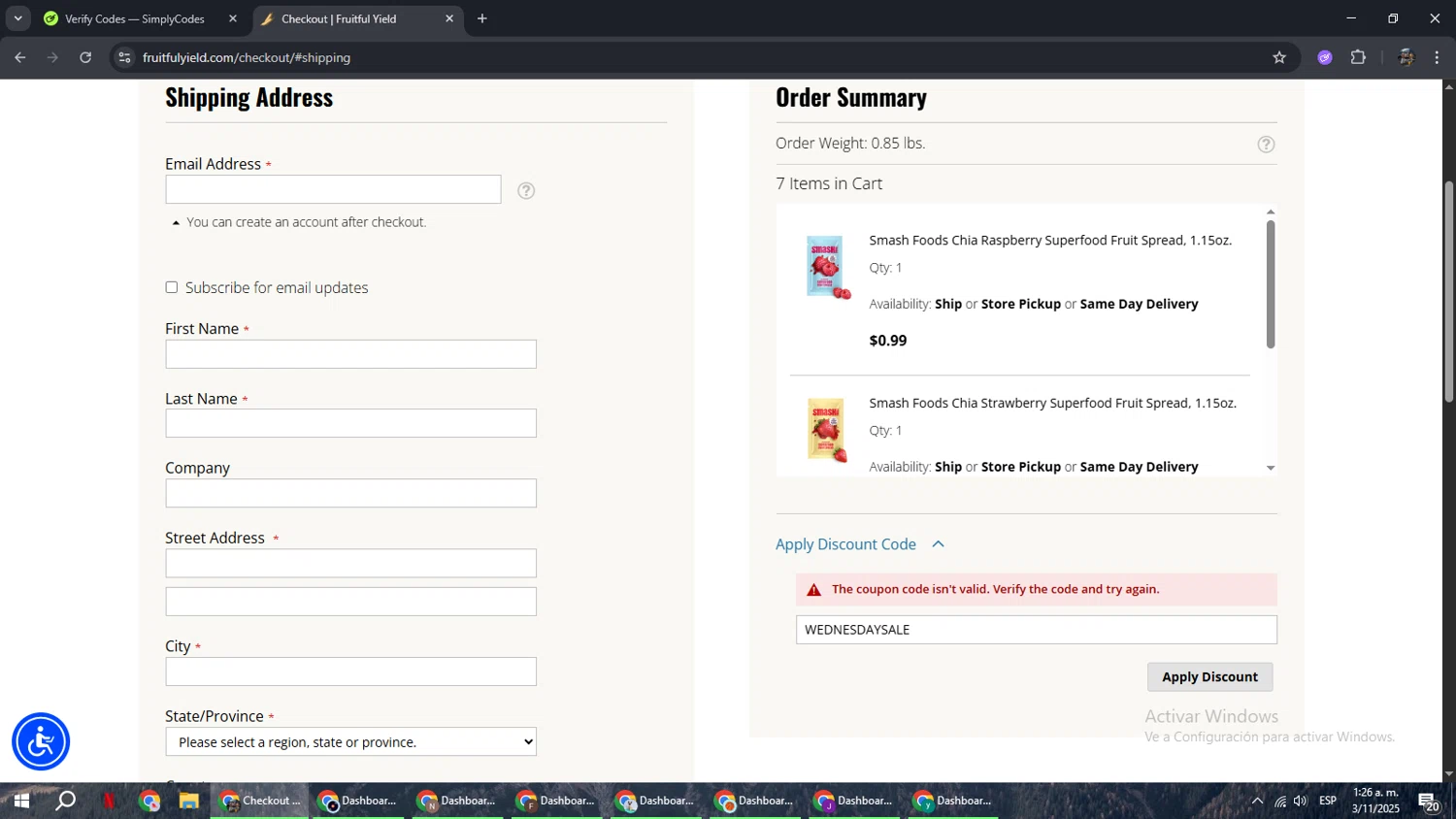 Fruitful Yield discount code screenshot showing code WEDNESDAYSALE applied at Fruitful Yield checkout page. Uploaded by SimplyCodes community member xxdddd on Nov 3, 2025