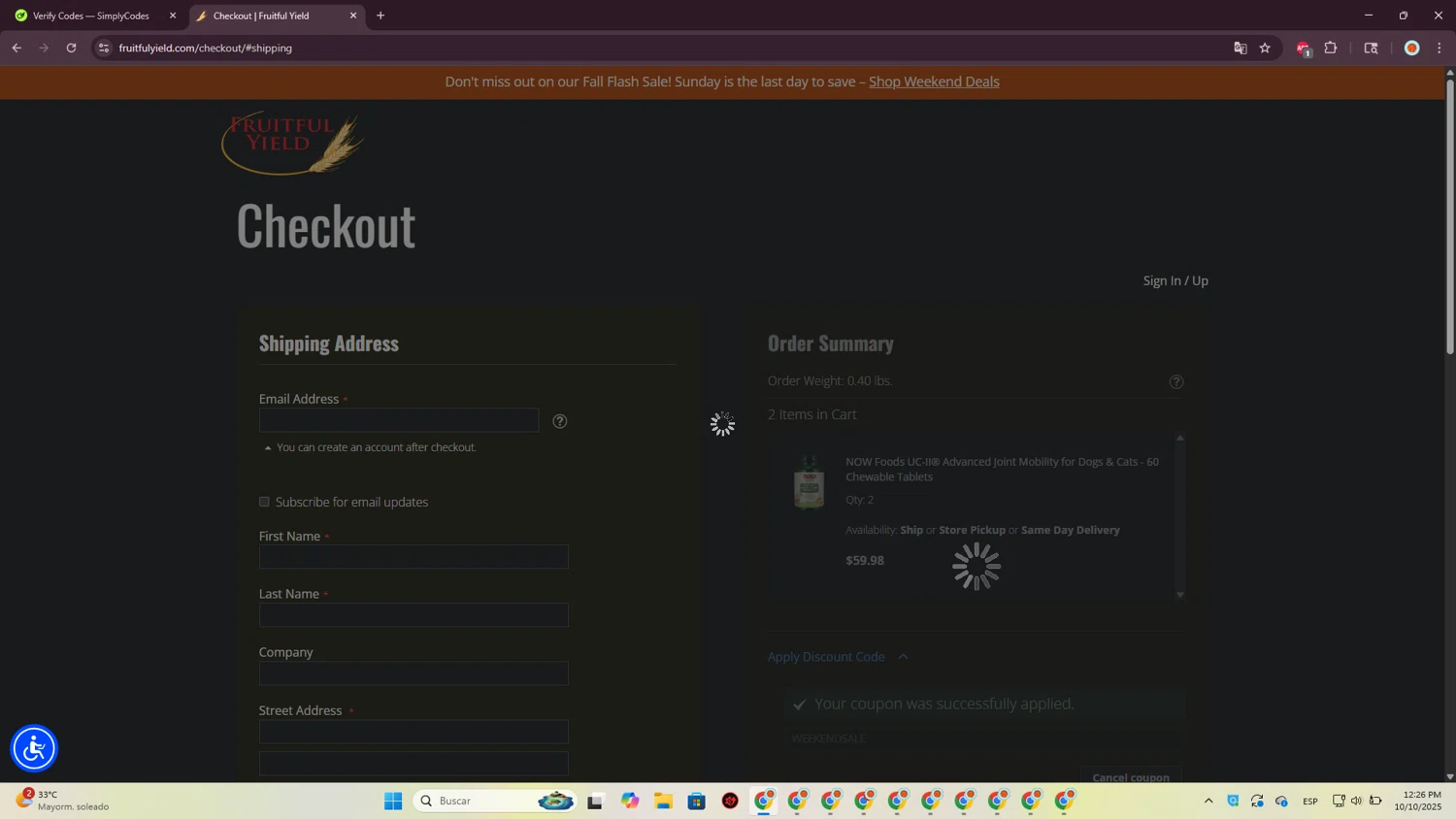 Fruitful Yield checkout page showing Fruitful Yield discount code box | Screenshot taken by SimplyCodes community member on Oct 10, 2025