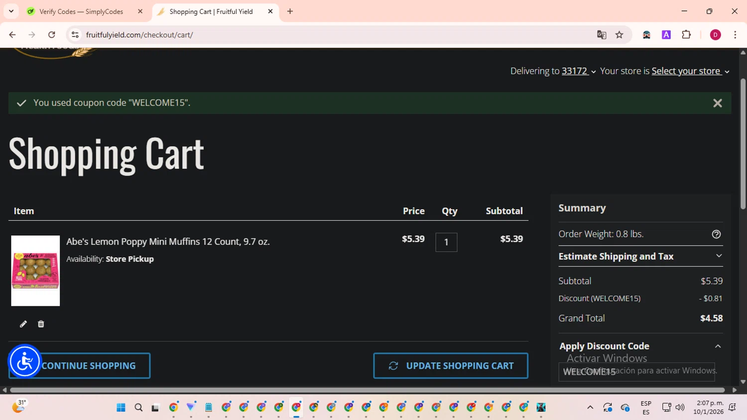 Fruitful Yield checkout page showing Fruitful Yield discount code box | Screenshot taken by SimplyCodes community member on Jan 10, 2026