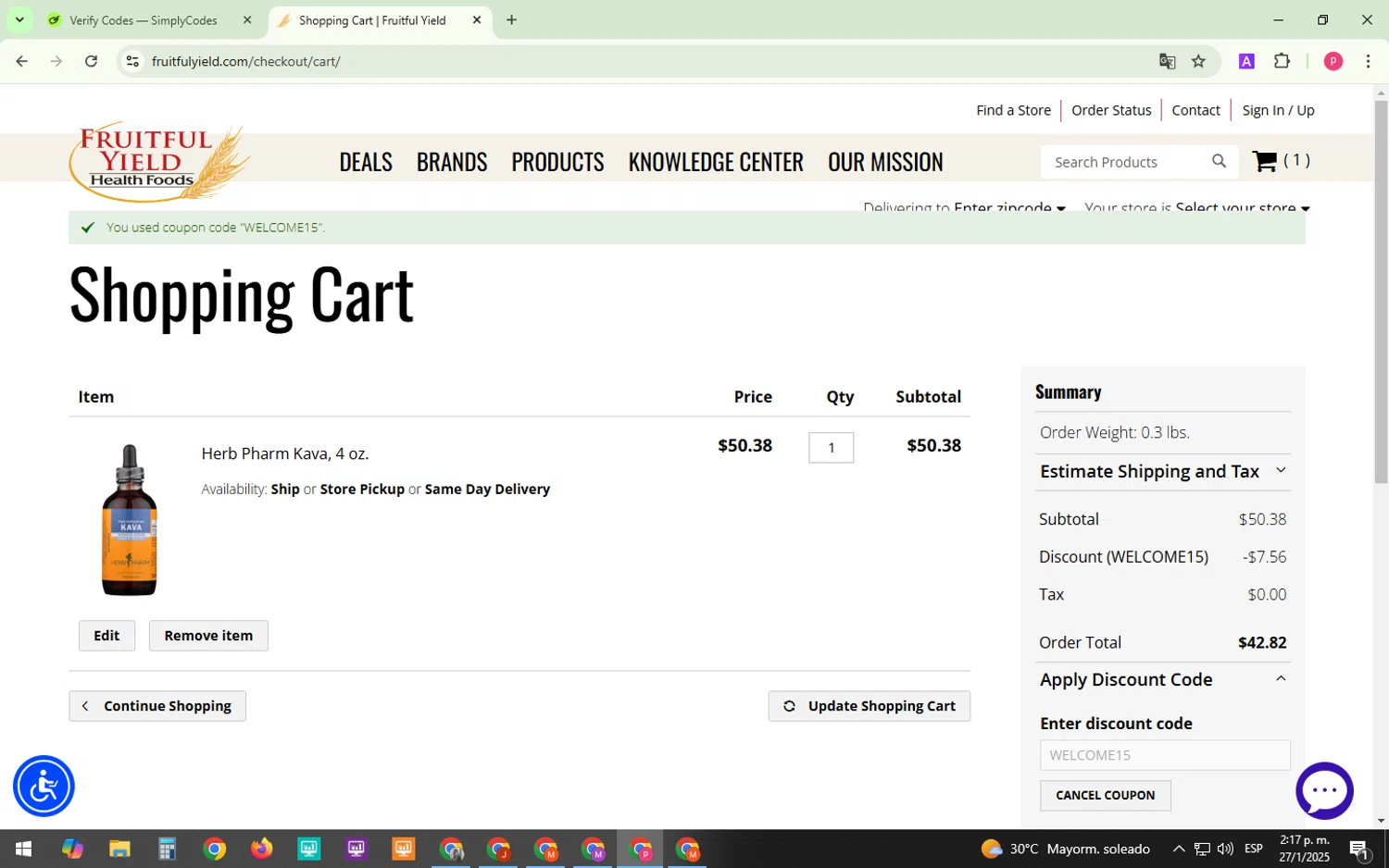 Fruitful Yield discount code screenshot showing code WELCOME15 applied at Fruitful Yield checkout page. Uploaded by SimplyCodes community member BonusChaser4306 on Jan 27, 2025