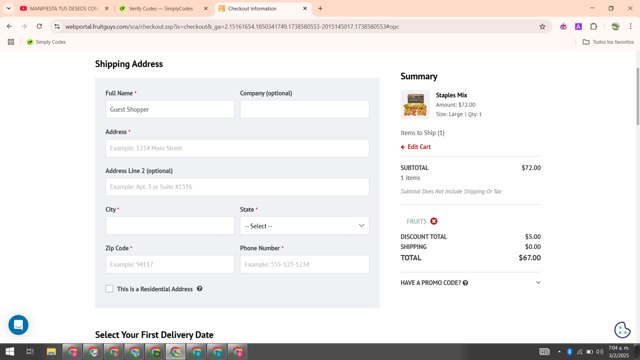 FruitGuys checkout page showing FruitGuys promo code box | Screenshot taken by SimplyCodes community member on Feb 3, 2025