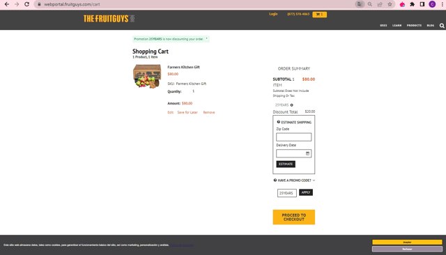FruitGuys checkout page showing FruitGuys promo code box | Screenshot taken by SimplyCodes community member on May 15, 2023