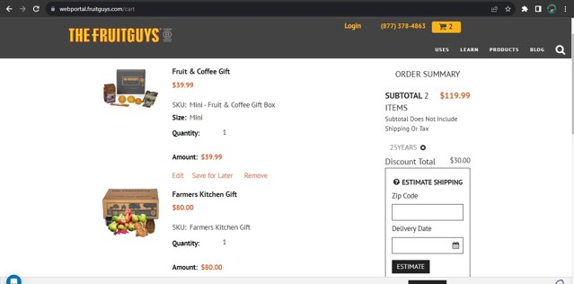 FruitGuys checkout page showing FruitGuys promo code box | Screenshot taken by SimplyCodes community member on Aug 10, 2023