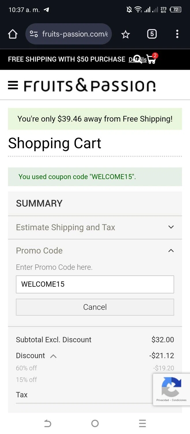 Fruits & Passion checkout page showing Fruits & Passion promo code box | Screenshot taken by SimplyCodes community member on Jan 19, 2025