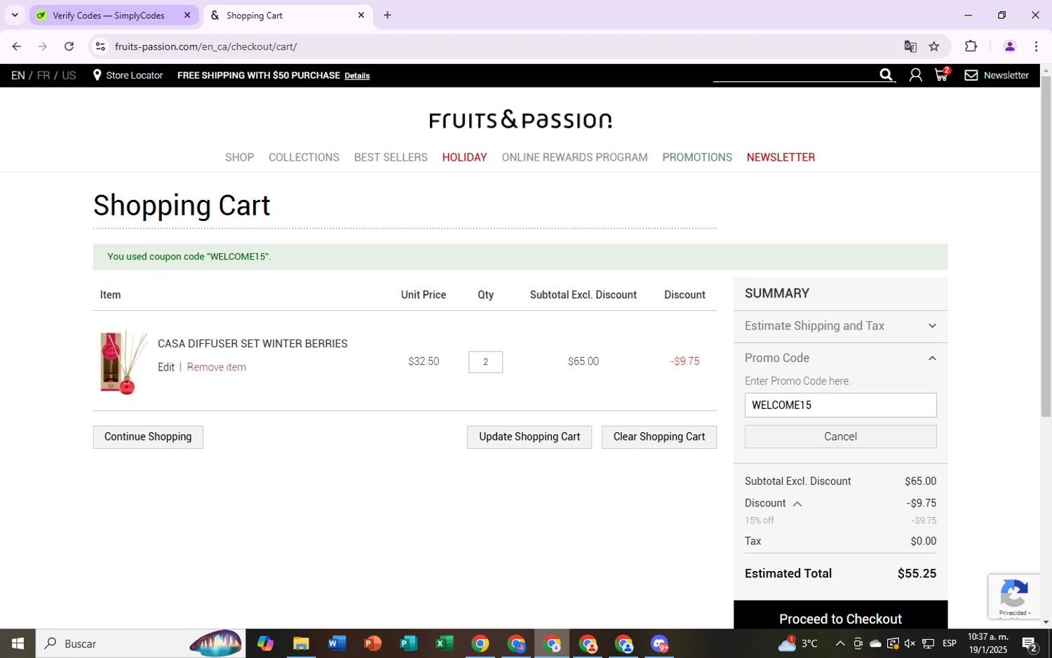 Fruits & Passion checkout page showing Fruits & Passion promo code box | Screenshot taken by SimplyCodes community member on Jan 19, 2025