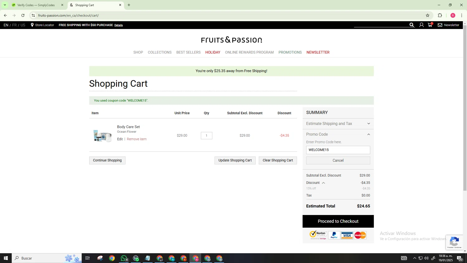 Fruits & Passion checkout page showing Fruits & Passion promo code box | Screenshot taken by SimplyCodes community member on Jan 19, 2025