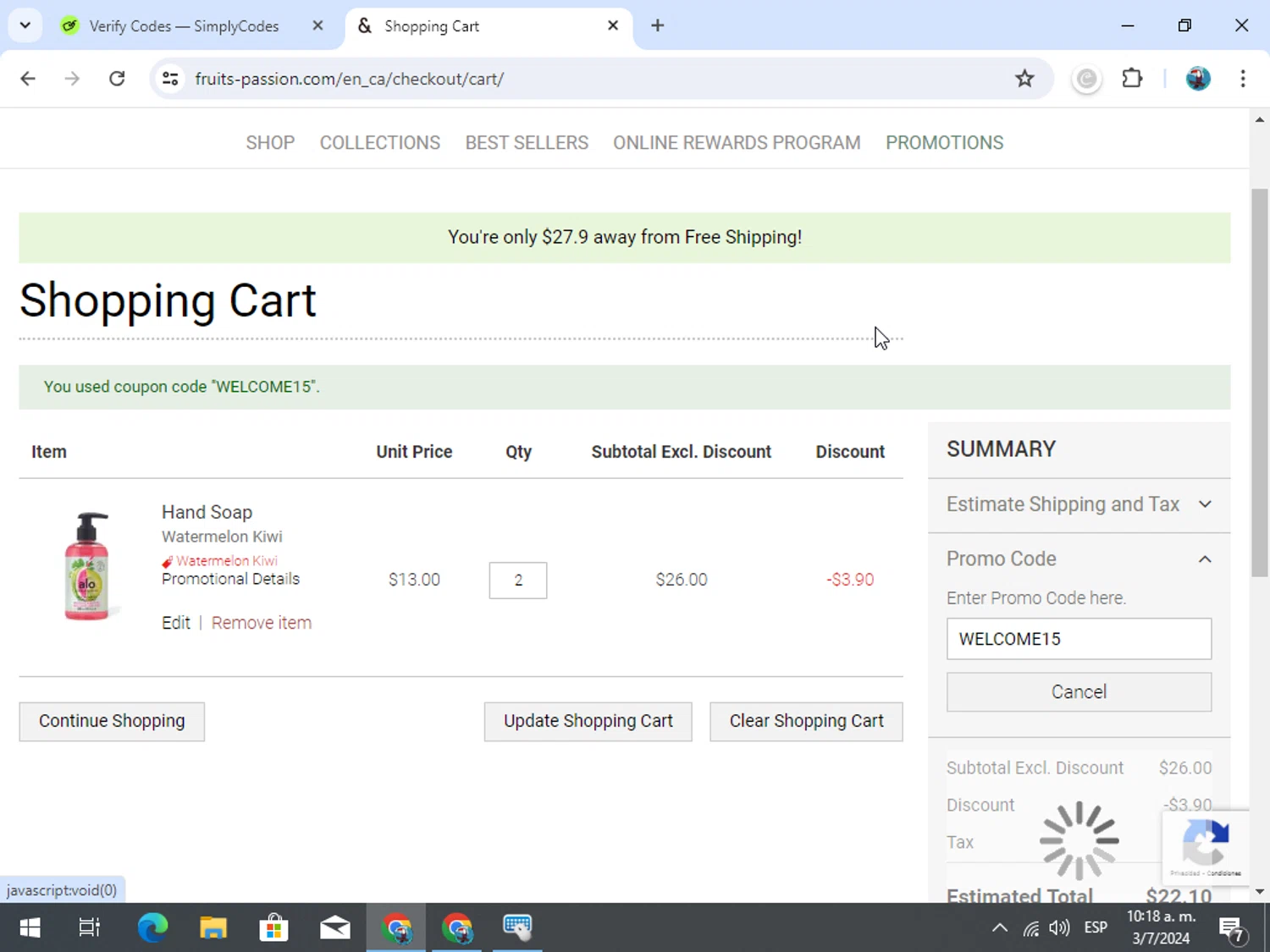 Fruits & Passion checkout page showing Fruits & Passion promo code box | Screenshot taken by SimplyCodes community member on Jul 3, 2024