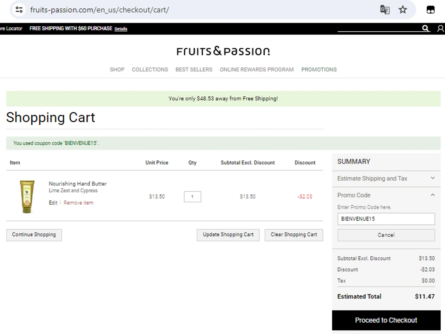 Fruits & Passion checkout page showing Fruits & Passion promo code box | Screenshot taken by SimplyCodes community member on Jul 18, 2024