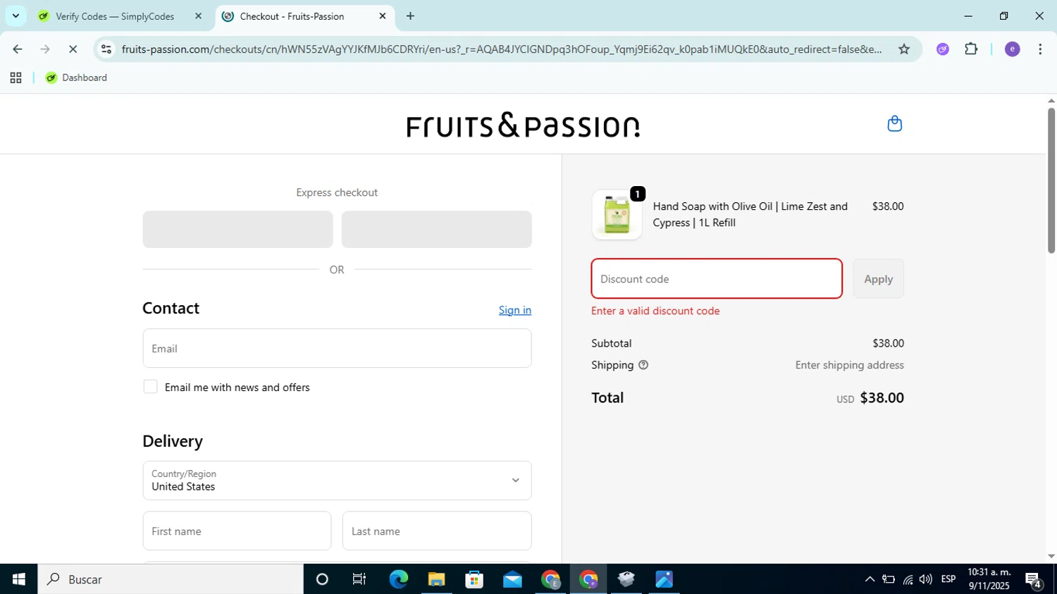 Fruits & Passion promo code screenshot showing code COMEBACK15 applied at Fruits & Passion checkout page. Uploaded by SimplyCodes community member Esteban14 on Nov 9, 2025