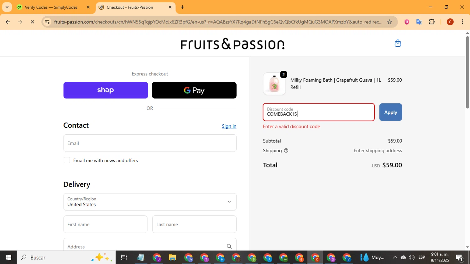 Fruits & Passion promo code screenshot showing code COMEBACK15 applied at Fruits & Passion checkout page. Uploaded by SimplyCodes community member Playstatiton2 on Nov 9, 2025