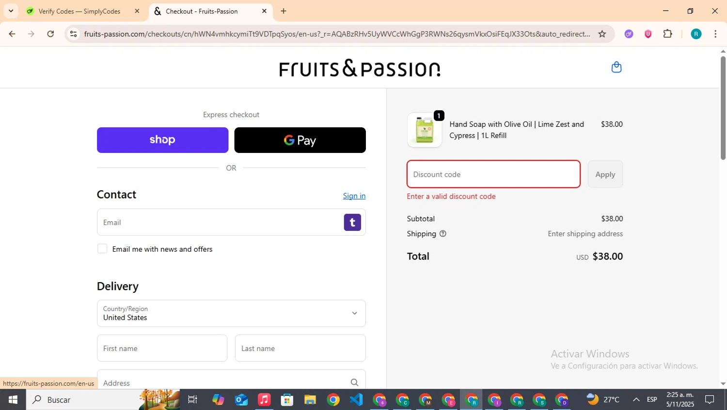 Fruits & Passion promo code screenshot showing code SPECIAL20 applied at Fruits & Passion checkout page. Uploaded by SimplyCodes community member BudgetHero4407 on Nov 5, 2025