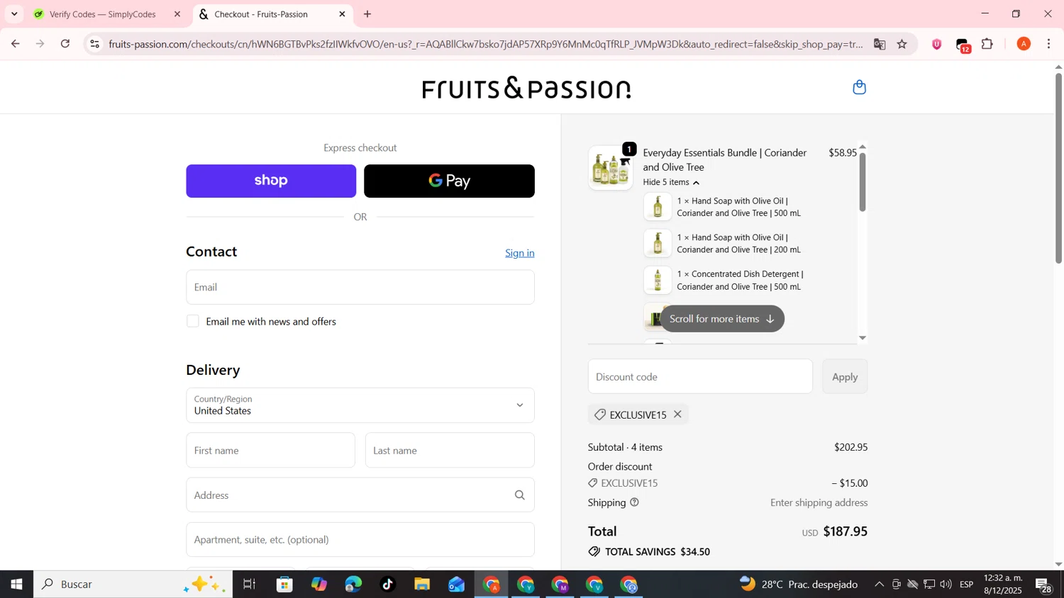 Fruits & Passion promo code screenshot showing code EXCLUSIVE15 applied at Fruits & Passion checkout page. Uploaded by SimplyCodes community member FrugalSentinel6206 on Dec 8, 2025