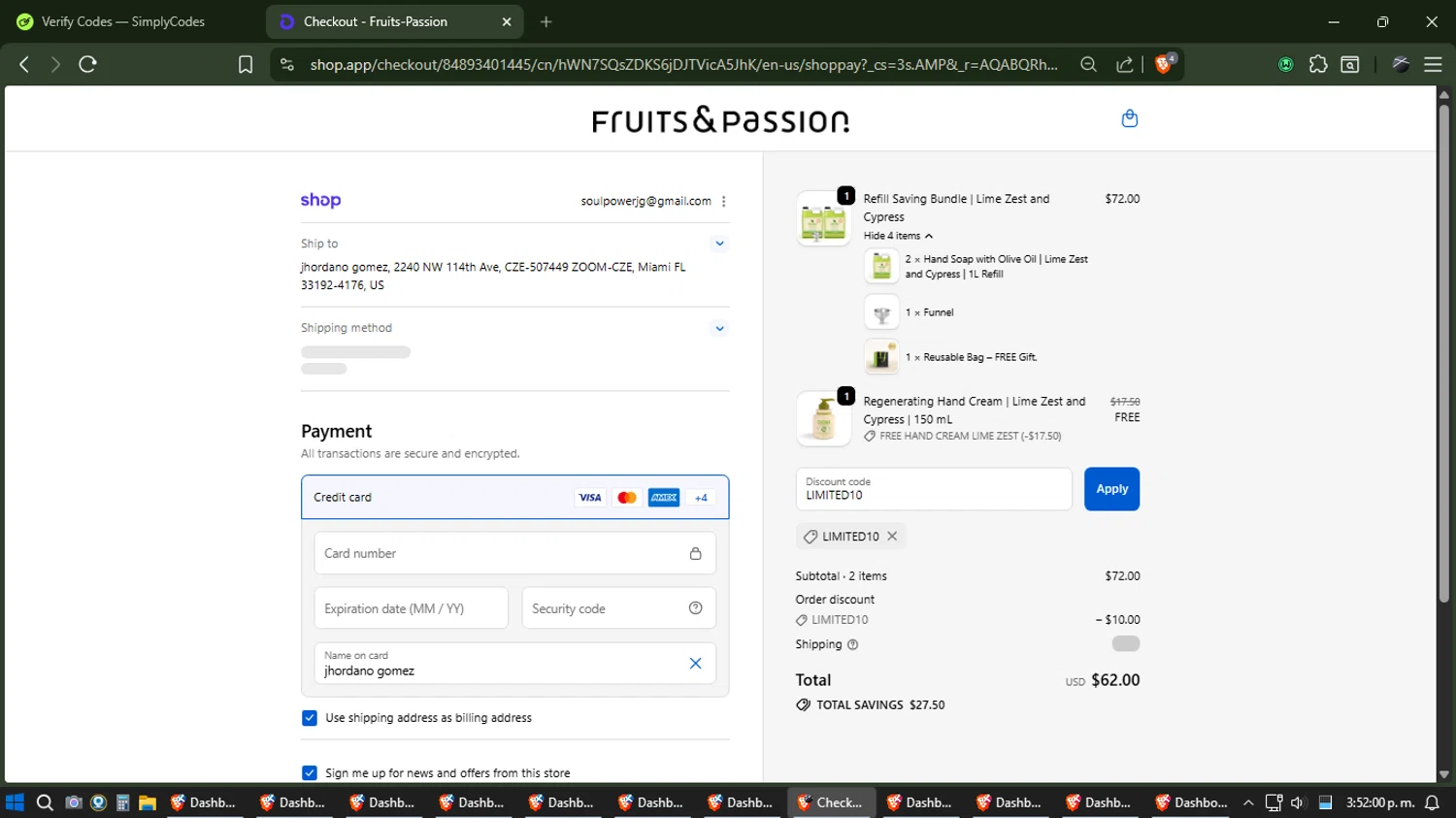 Fruits & Passion checkout page showing Fruits & Passion promo code box | Screenshot taken by SimplyCodes community member on Jan 10, 2026