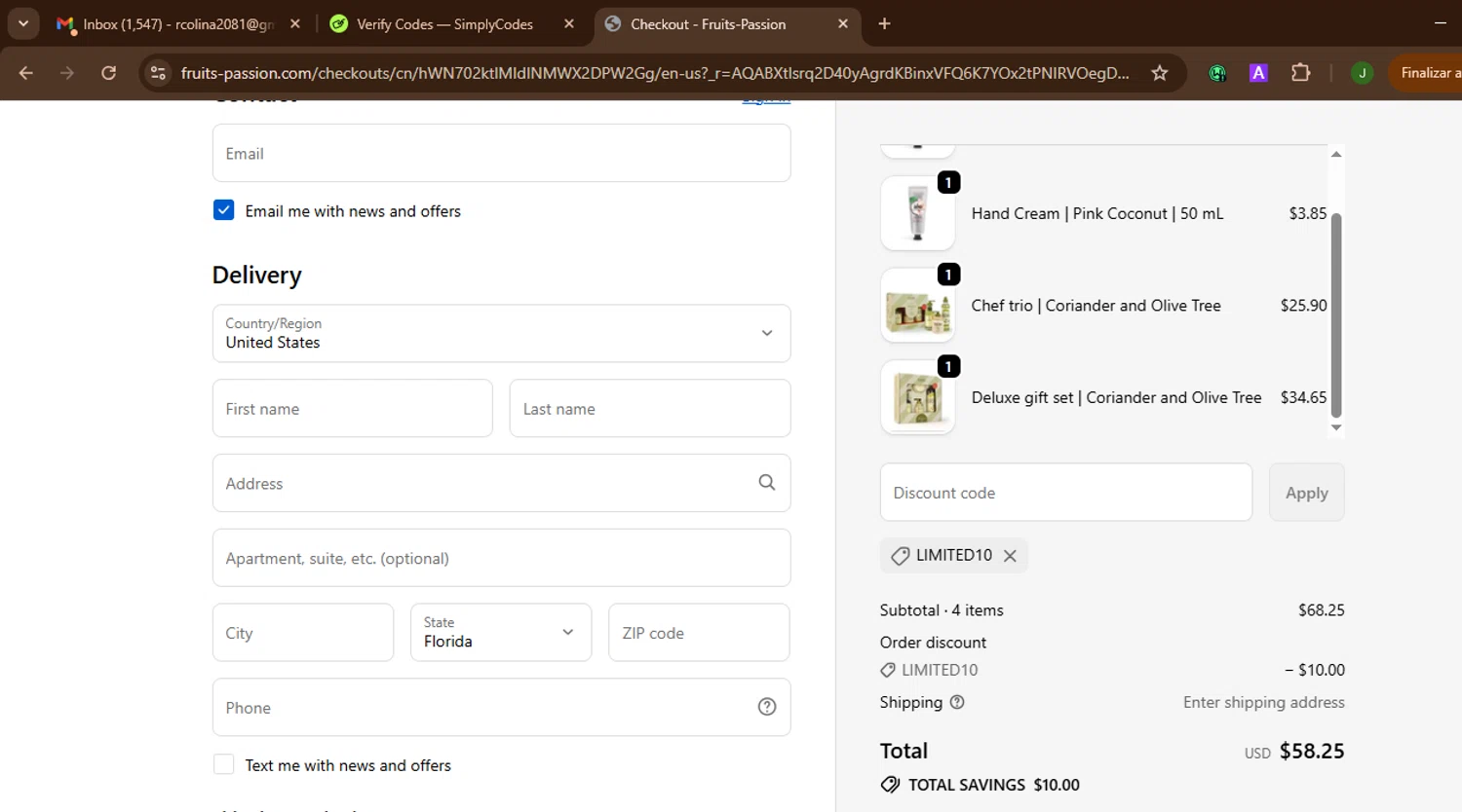 Fruits & Passion promo code screenshot showing code LIMITED10 applied at Fruits & Passion checkout page. Uploaded by SimplyCodes community member SnoopDogg on Dec 29, 2025