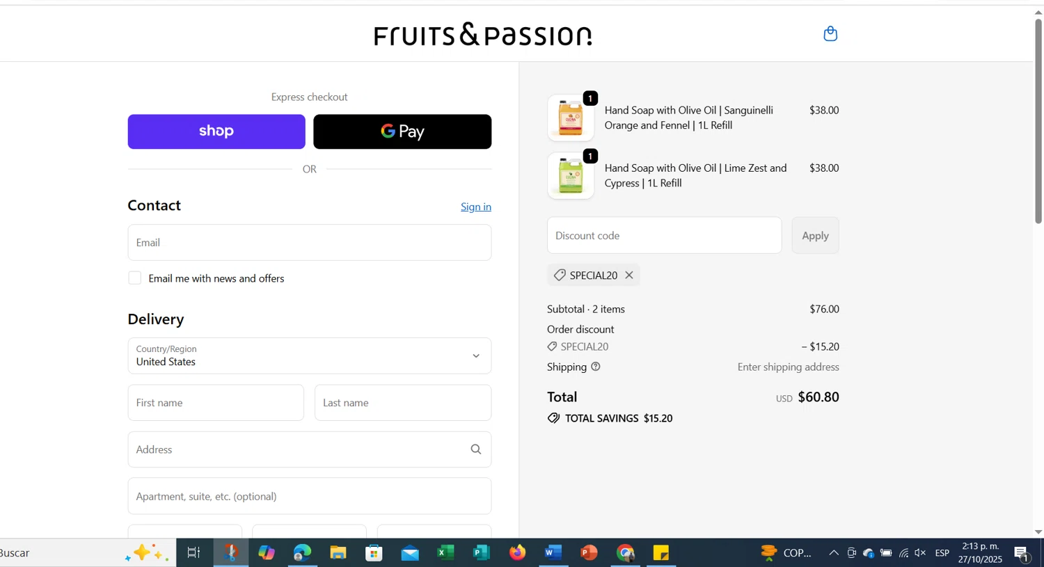 Fruits & Passion promo code screenshot showing code SPECIAL20 applied at Fruits & Passion checkout page. Uploaded by SimplyCodes community member cristianmendoza on Oct 27, 2025