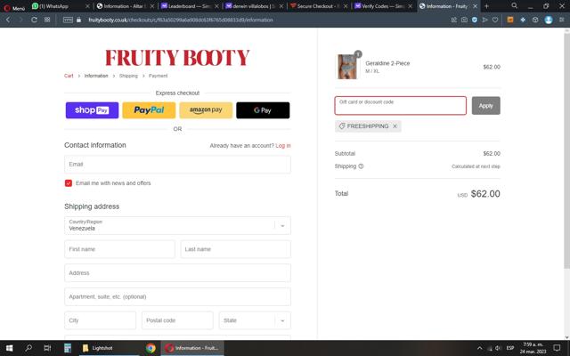 Fruity Booty checkout page showing Fruity Booty discount code box | Screenshot taken by SimplyCodes community member on Mar 24, 2023