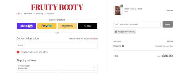 Fruity Booty checkout page showing Fruity Booty discount code box | Screenshot taken by SimplyCodes community member on Feb 23, 2023