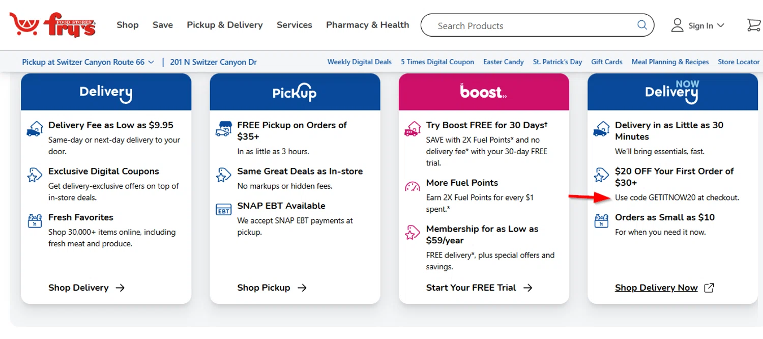 Fry's Food promo code screenshot showing code GETITNOW20 applied at Fry's Food checkout page. Uploaded by SimplyCodes community member SimplyCVerlie on Mar 11, 2025