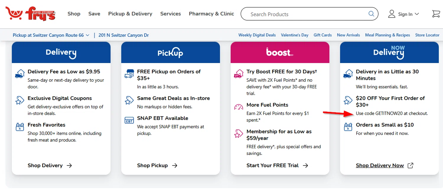 Fry's Food promo code screenshot showing code GETITNOW20 applied at Fry's Food checkout page. Uploaded by SimplyCodes community member SimplyCVerlie on Feb 12, 2025