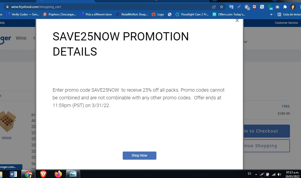 Fry's Food checkout page showing Fry's Food promo code box | Screenshot taken by SimplyCodes community member on Mar 19, 2022