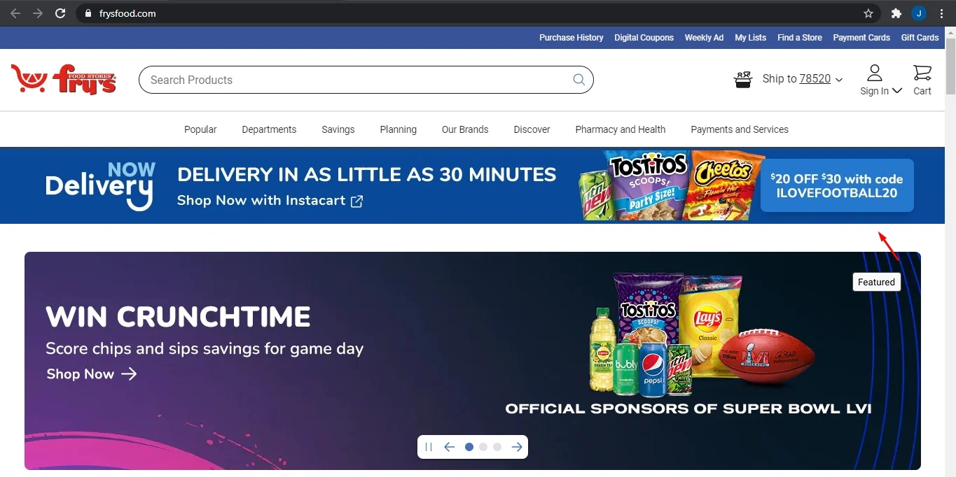 Fry's Food checkout page showing Fry's Food promo code box | Screenshot taken by SimplyCodes community member on Feb 11, 2022