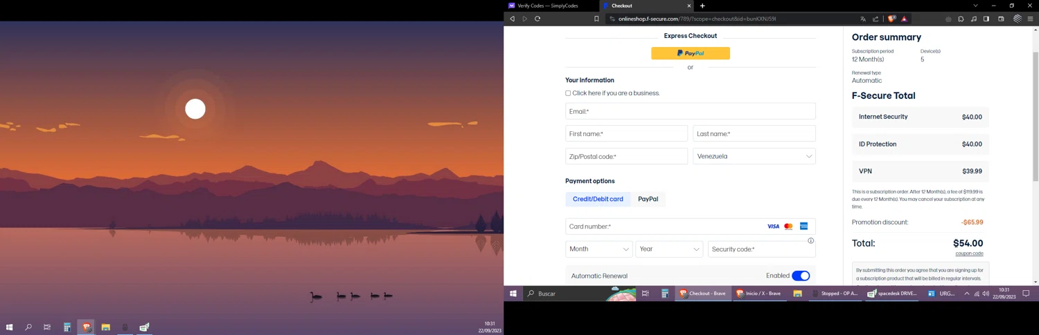 F-Secure checkout page showing F-Secure promo code box | Screenshot taken by SimplyCodes community member on Sep 22, 2023
