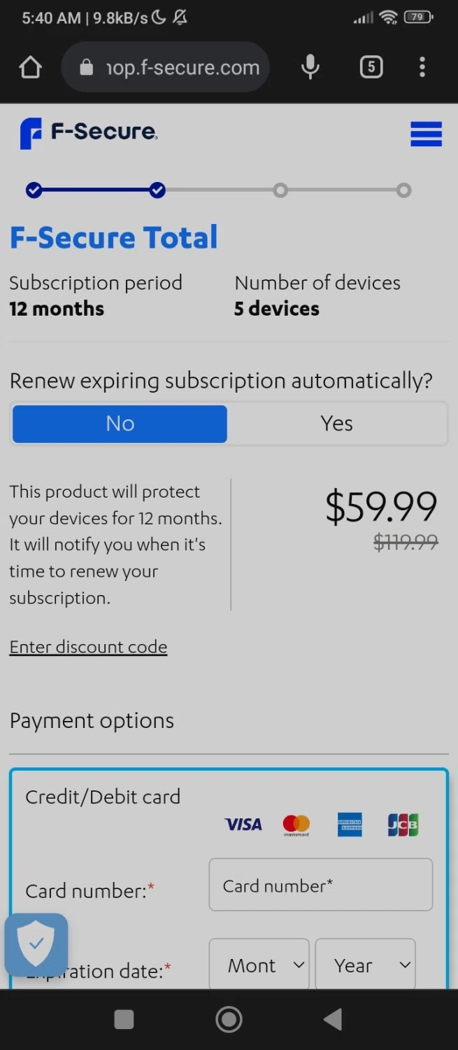 F-Secure checkout page showing F-Secure promo code box | Screenshot taken by SimplyCodes community member on Jun 18, 2023