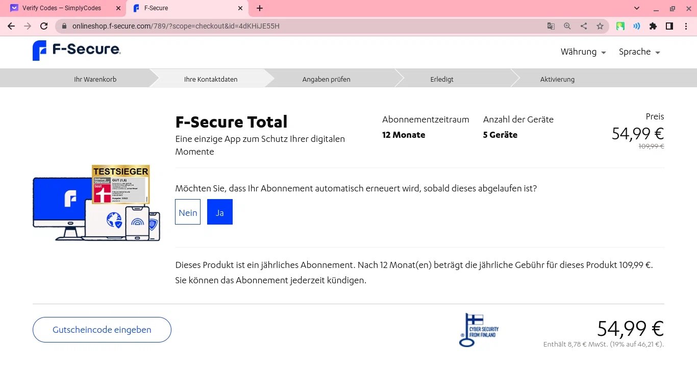 F-Secure checkout page showing F-Secure promo code box | Screenshot taken by SimplyCodes community member on Aug 11, 2023