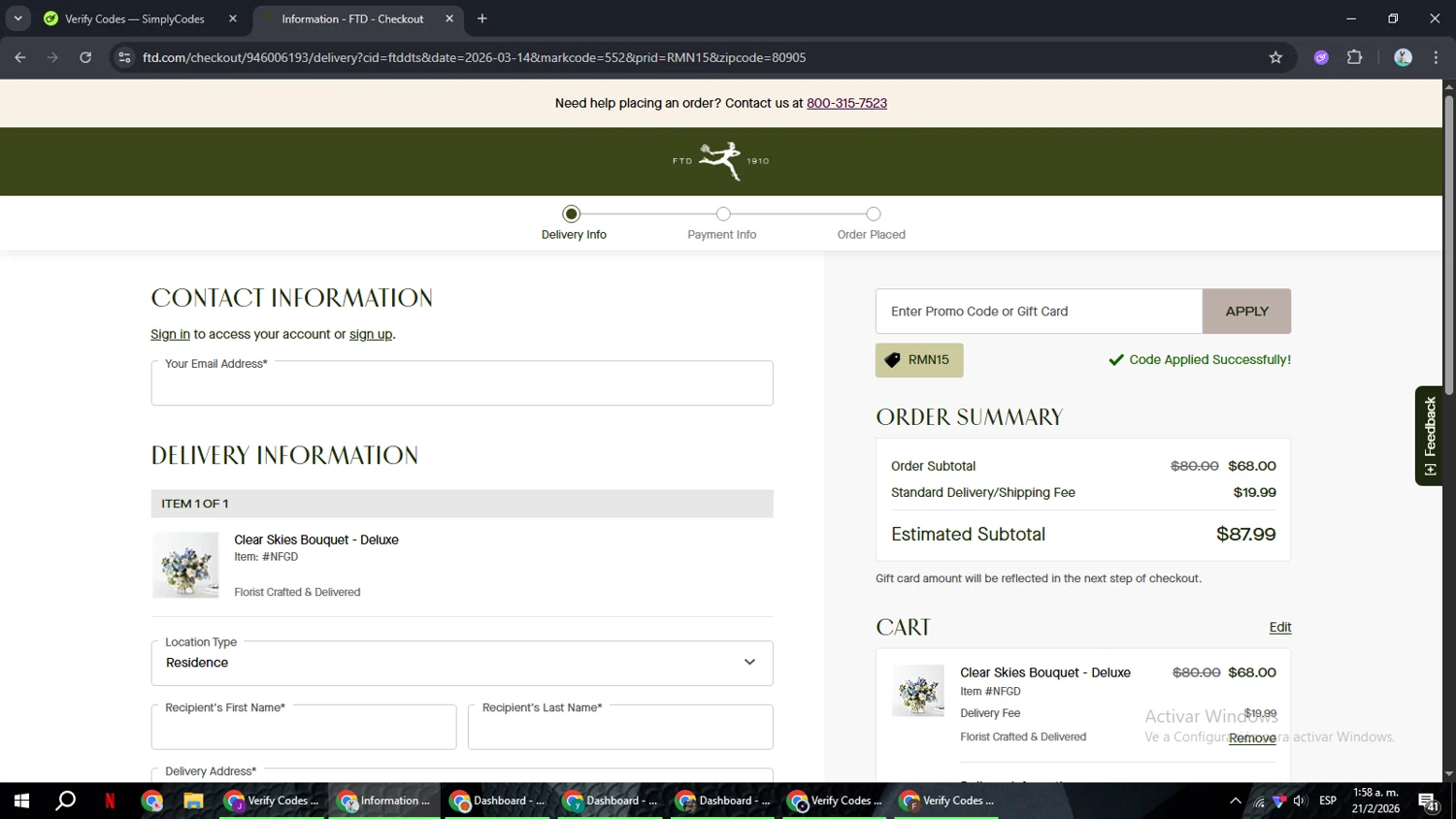 FTD promo code screenshot showing code RMN15 applied at FTD checkout page. Uploaded by SimplyCodes community member ShrewdSeeker6165 on Feb 21, 2026