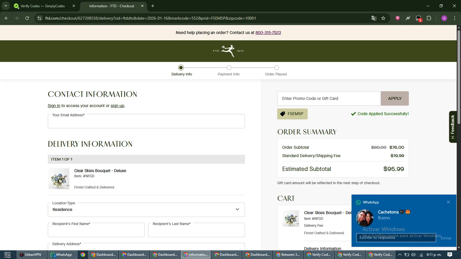 FTD promo code screenshot showing code FSEM5P applied at FTD checkout page. Uploaded by SimplyCodes community member CouponScout5403 on Dec 29, 2025