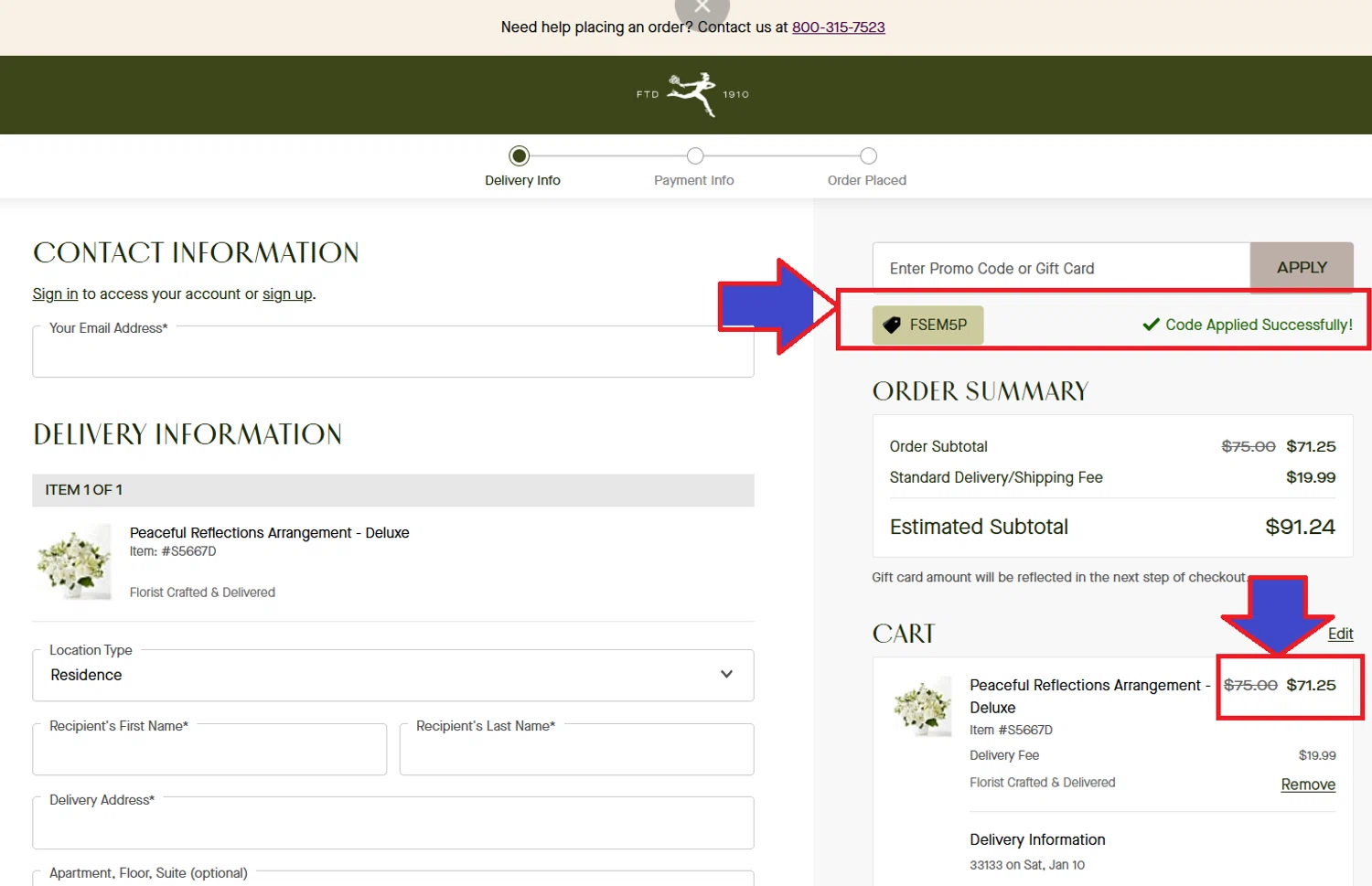 FTD promo code screenshot showing code FSEM5P applied at FTD checkout page. Uploaded by SimplyCodes community member kattylar on Dec 29, 2025