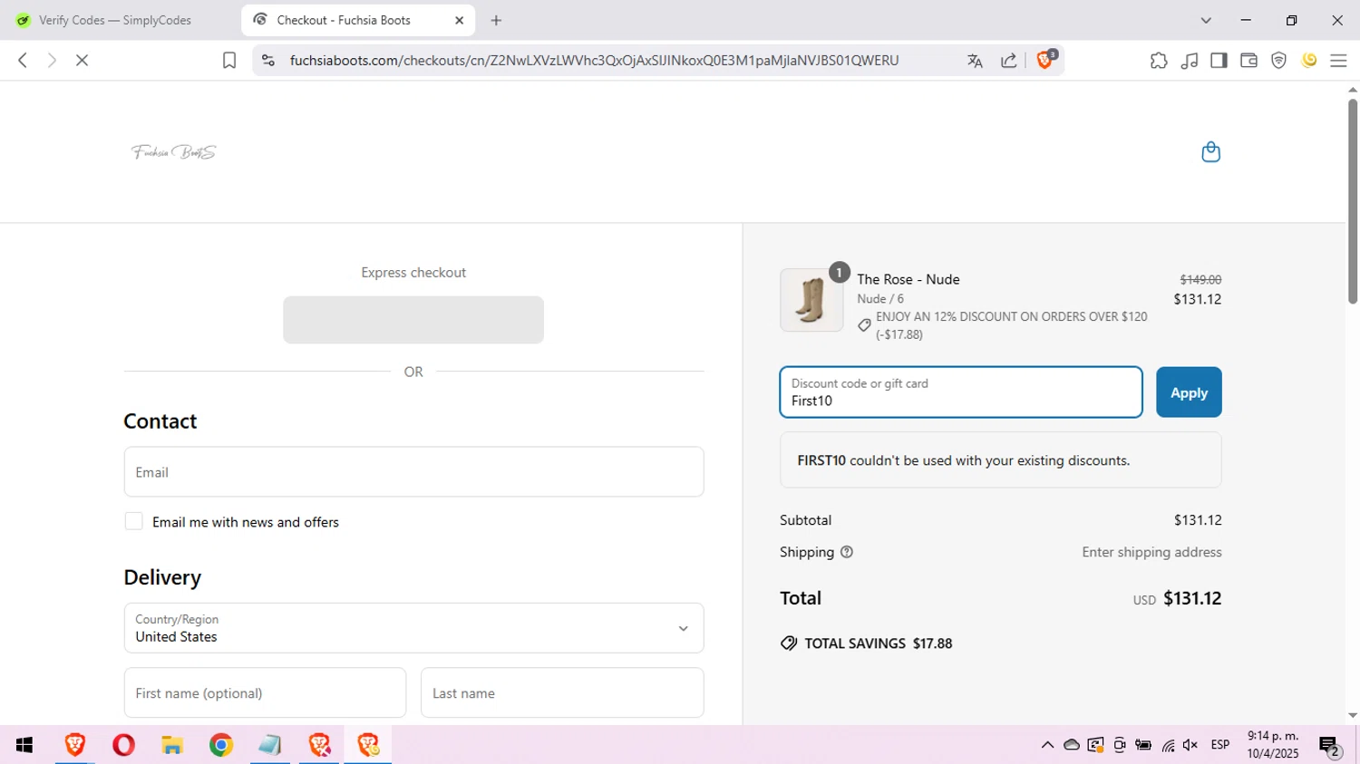 Fuchsia Boots promo code screenshot showing code First10 applied at Fuchsia Boots checkout page. Uploaded by SimplyCodes community member anaoee on Apr 11, 2025