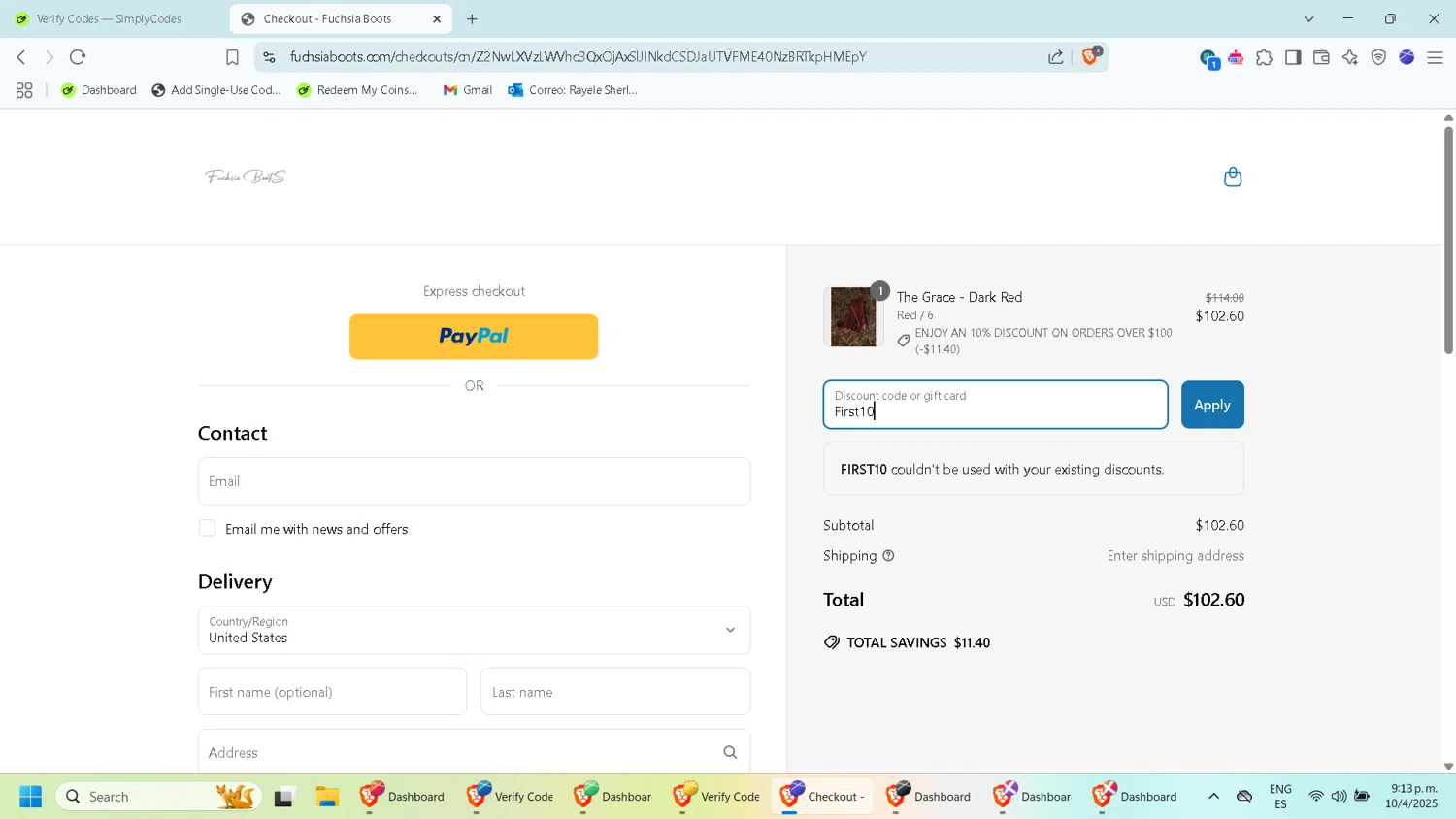 Fuchsia Boots promo code screenshot showing code First10 applied at Fuchsia Boots checkout page. Uploaded by SimplyCodes community member WiseMaven8994 on Apr 11, 2025