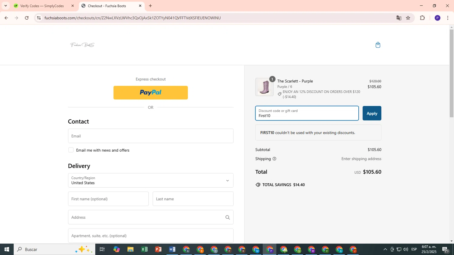 Fuchsia Boots promo code screenshot showing code First10 applied at Fuchsia Boots checkout page. Uploaded by SimplyCodes community member RebatePilot3431 on Feb 25, 2025