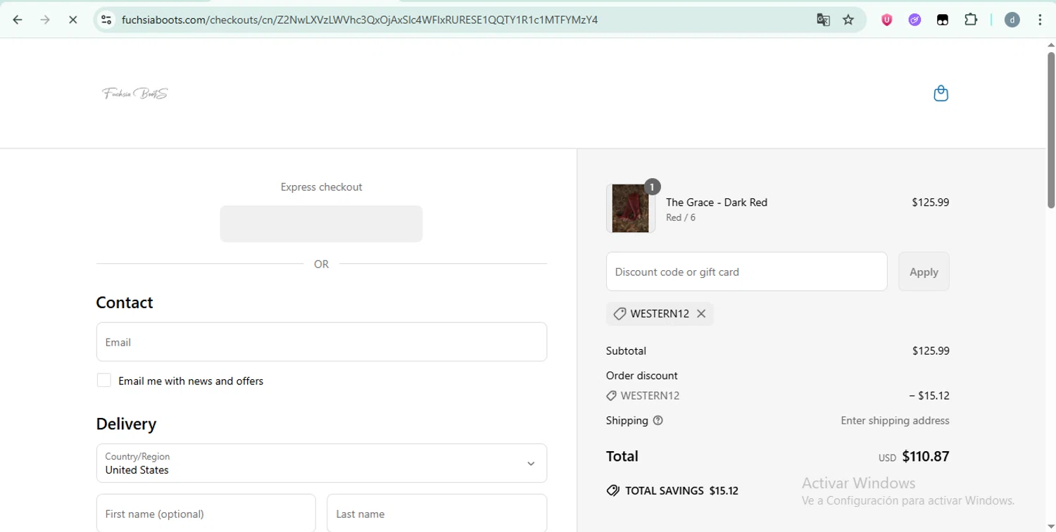 Fuchsia Boots promo code screenshot showing code WESTERN12 applied at Fuchsia Boots checkout page. Uploaded by SimplyCodes community member DiscountSentinel4830 on May 27, 2025