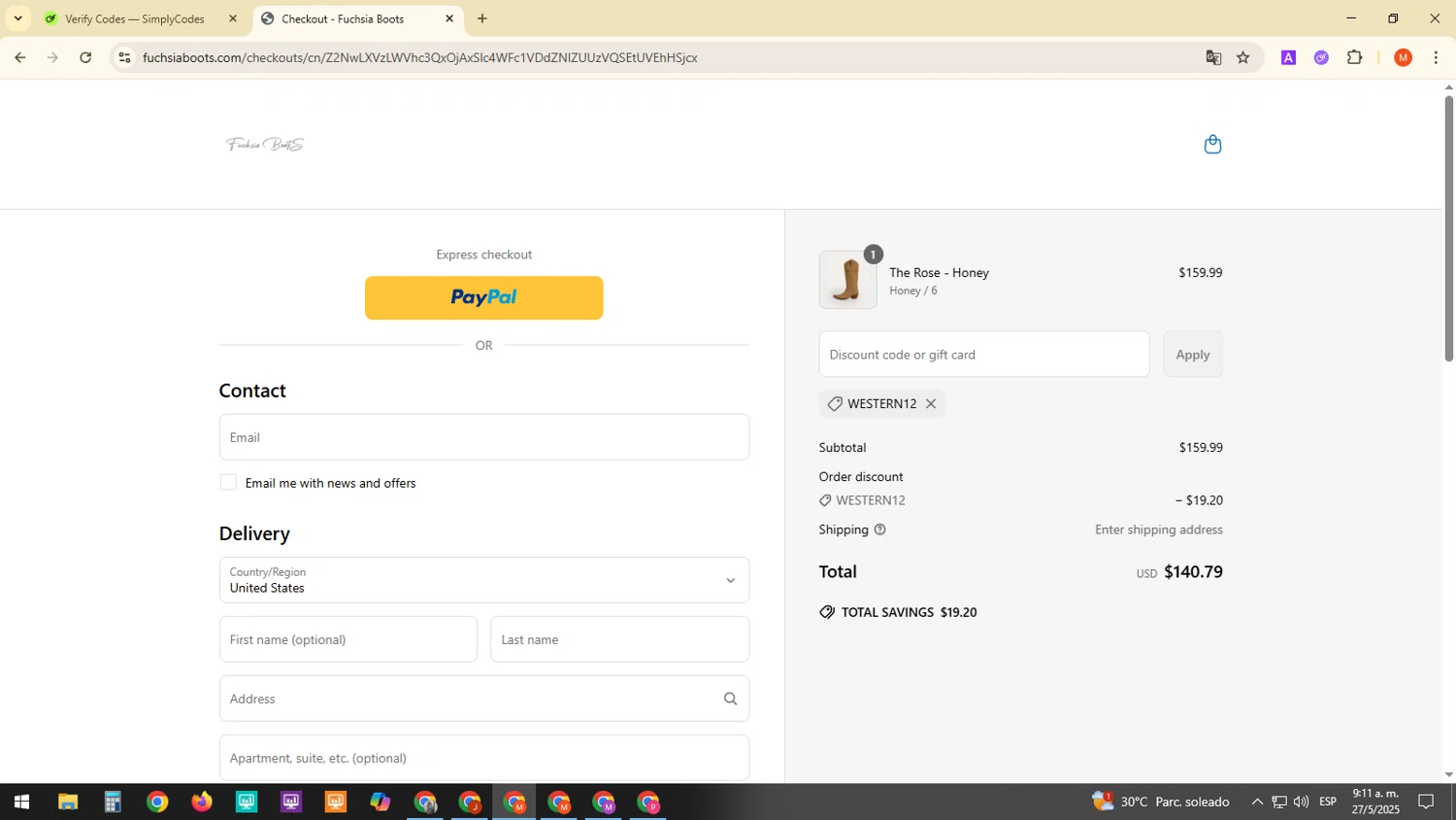 Fuchsia Boots promo code screenshot showing code WESTERN12 applied at Fuchsia Boots checkout page. Uploaded by SimplyCodes community member ExtraordinaryDefender1444 on May 27, 2025
