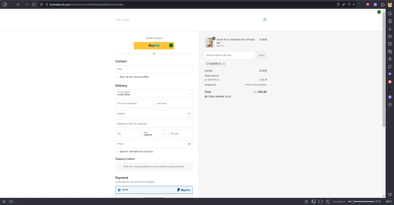 Fuchsia Boots promo code screenshot showing code WESTERN12 applied at Fuchsia Boots checkout page. Uploaded by SimplyCodes community member kaiser2 on Jul 23, 2025