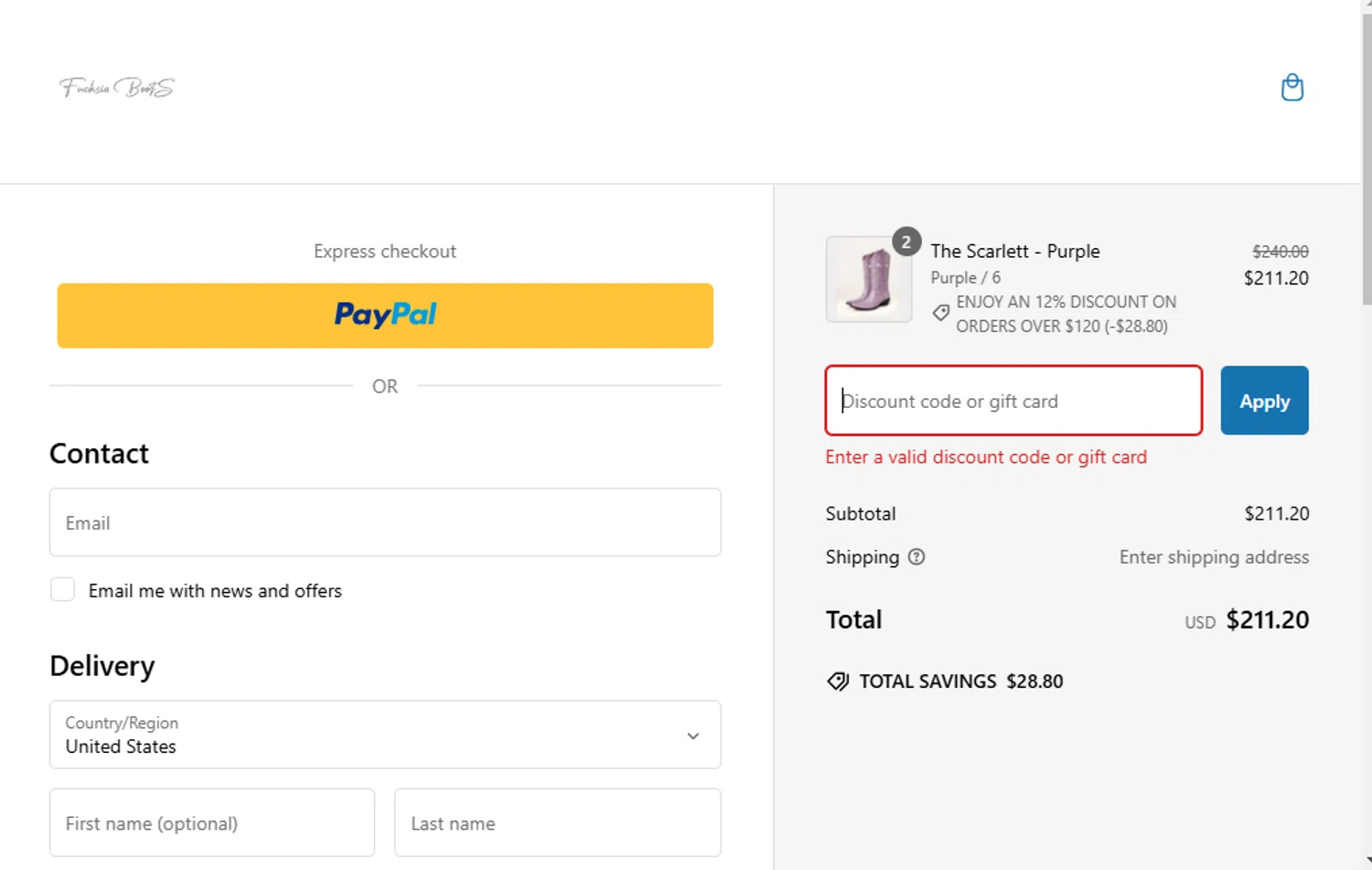 Fuchsia Boots promo code screenshot showing code HOLIDAY15 applied at Fuchsia Boots checkout page. Uploaded by SimplyCodes community member GoldPhoenix3793 on Feb 1, 2025