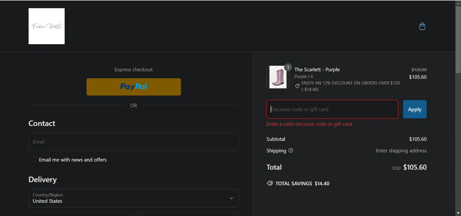 Fuchsia Boots promo code screenshot showing code HOLIDAY15 applied at Fuchsia Boots checkout page. Uploaded by SimplyCodes community member hola_bebe on Feb 1, 2025