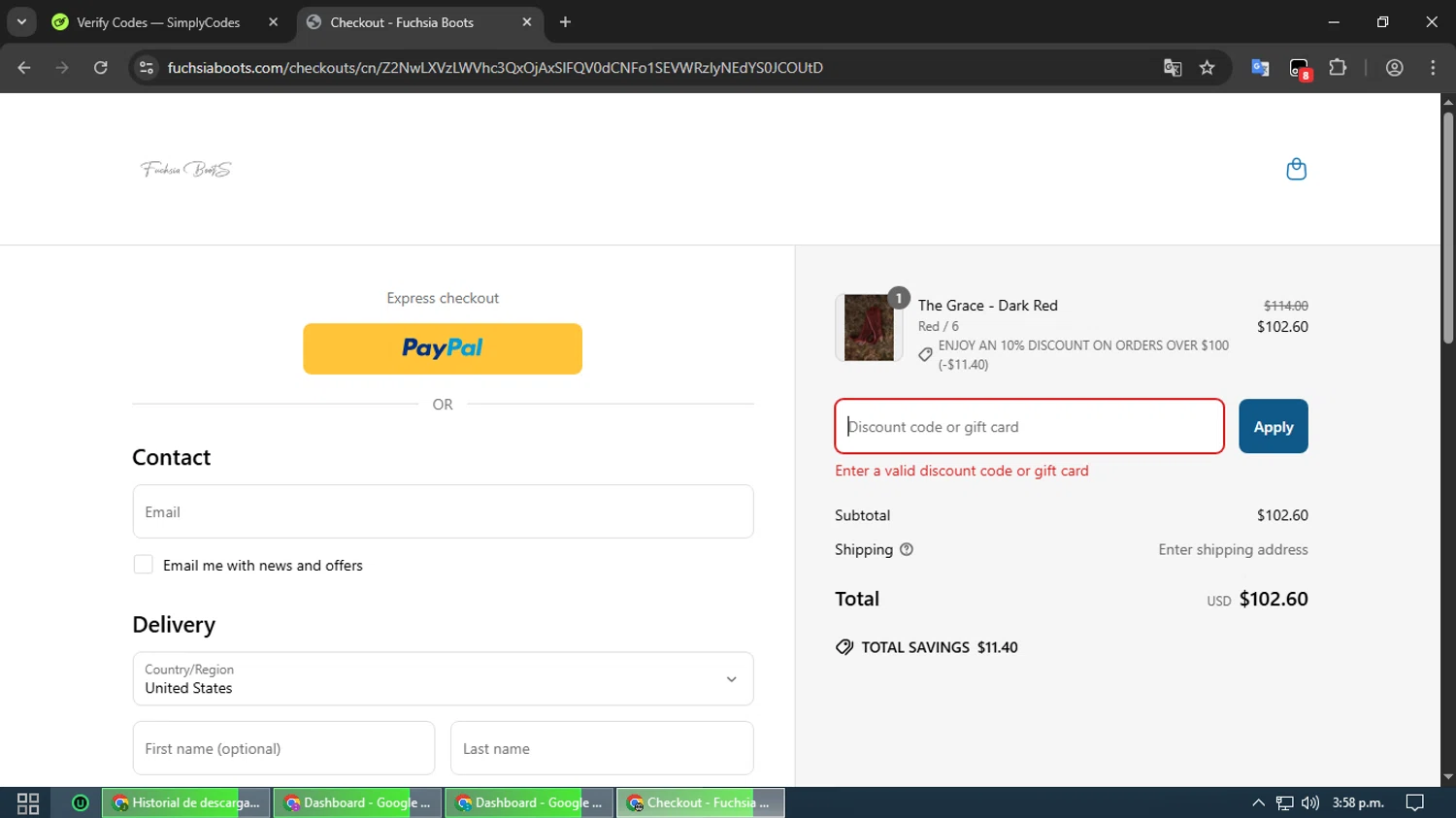 Fuchsia Boots promo code screenshot showing code Emily20 applied at Fuchsia Boots checkout page. Uploaded by SimplyCodes community member Chimuelo on Mar 31, 2025