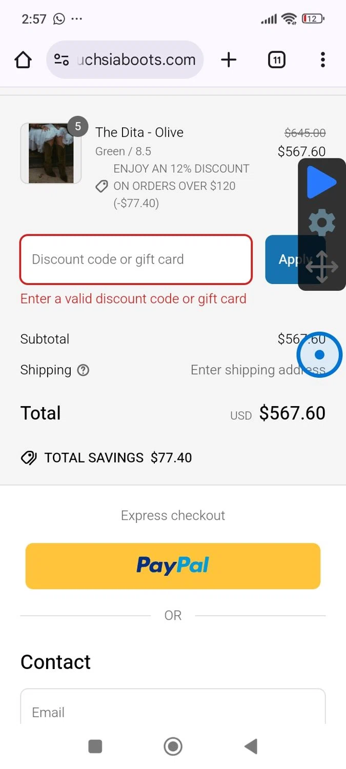 Fuchsia Boots promo code screenshot showing code Emily20 applied at Fuchsia Boots checkout page. Uploaded by SimplyCodes community member VictoriousPilot5369 on Mar 31, 2025