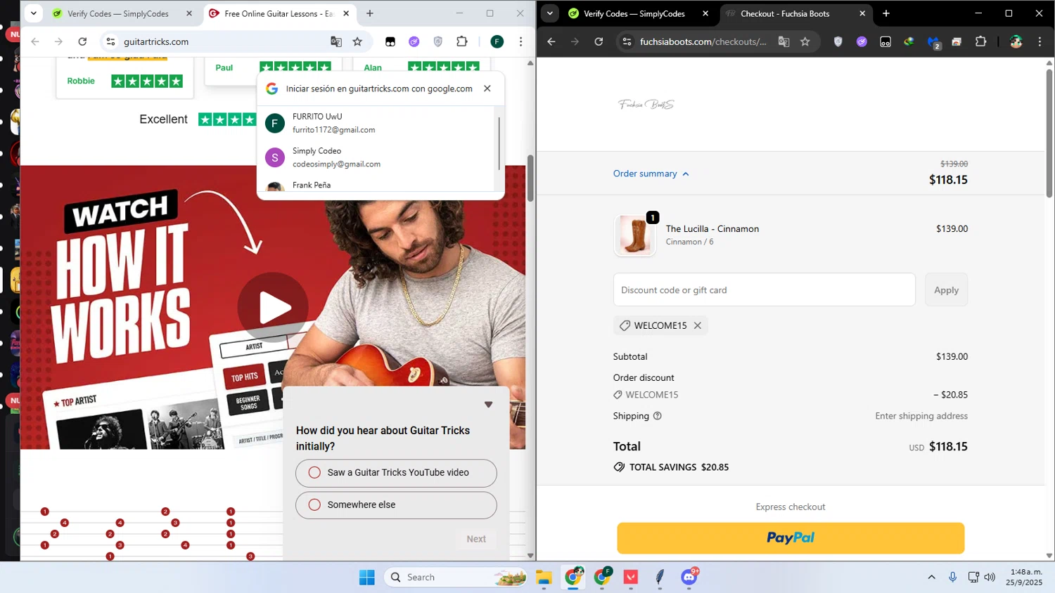 Fuchsia Boots promo code screenshot showing code Welcome15 applied at Fuchsia Boots checkout page. Uploaded by SimplyCodes community member franalepe on Sep 25, 2025
