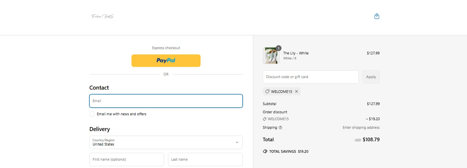 Fuchsia Boots promo code screenshot showing code Welcome15 applied at Fuchsia Boots checkout page. Uploaded by SimplyCodes community member OnlywM on May 14, 2025