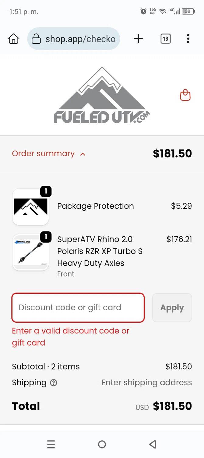 FueledUTV promo code screenshot showing code FUELEDFAM applied at FueledUTV checkout page. Uploaded by SimplyCodes community member Anthony_Diaz on Nov 28, 2025
