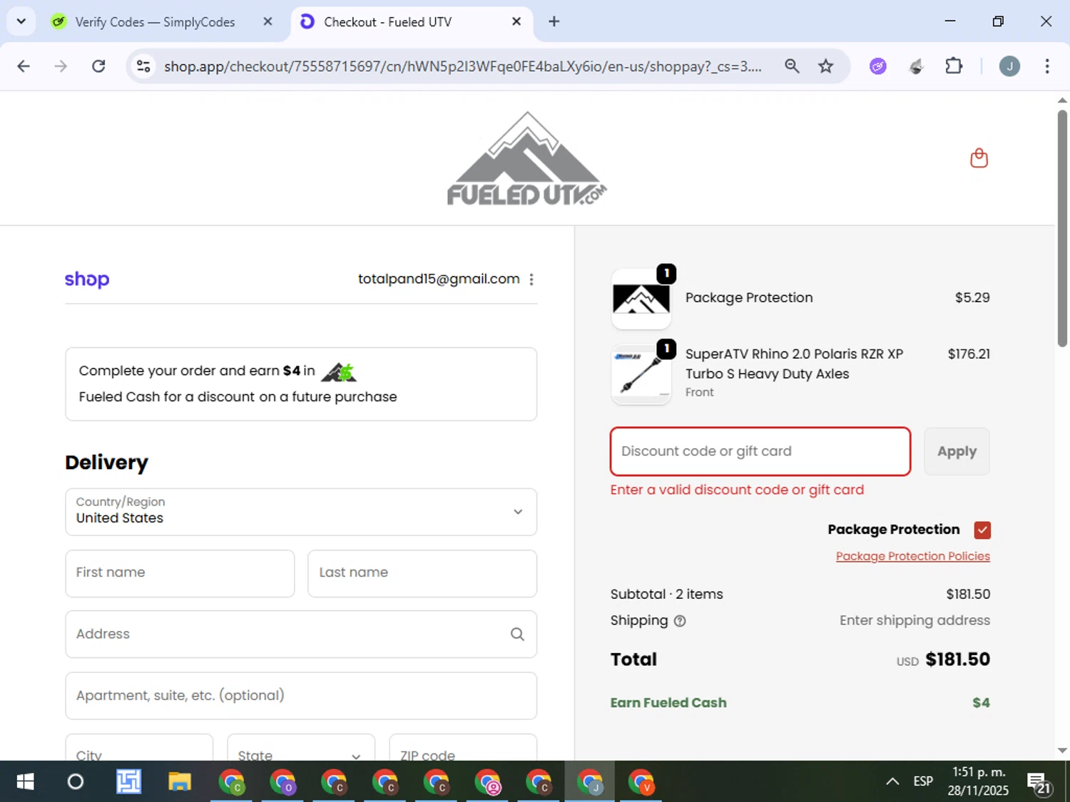 FueledUTV promo code screenshot showing code FUELEDFAM applied at FueledUTV checkout page. Uploaded by SimplyCodes community member ValueTracker8384 on Nov 28, 2025