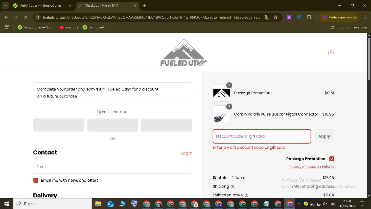 FueledUTV promo code screenshot showing code ALJZZ3797Q applied at FueledUTV checkout page. Uploaded by SimplyCodes community member SilverChaser6086 on Jun 1, 2025