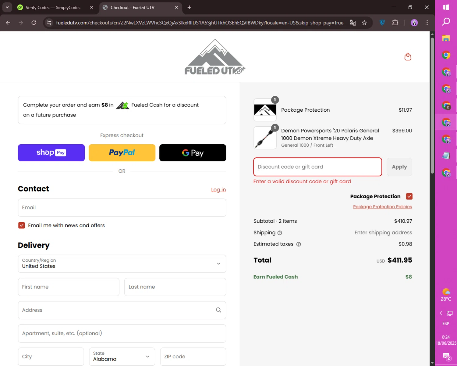 FueledUTV promo code screenshot showing code dadbod10 applied at FueledUTV checkout page. Uploaded by SimplyCodes community member ositouno on Jun 18, 2025