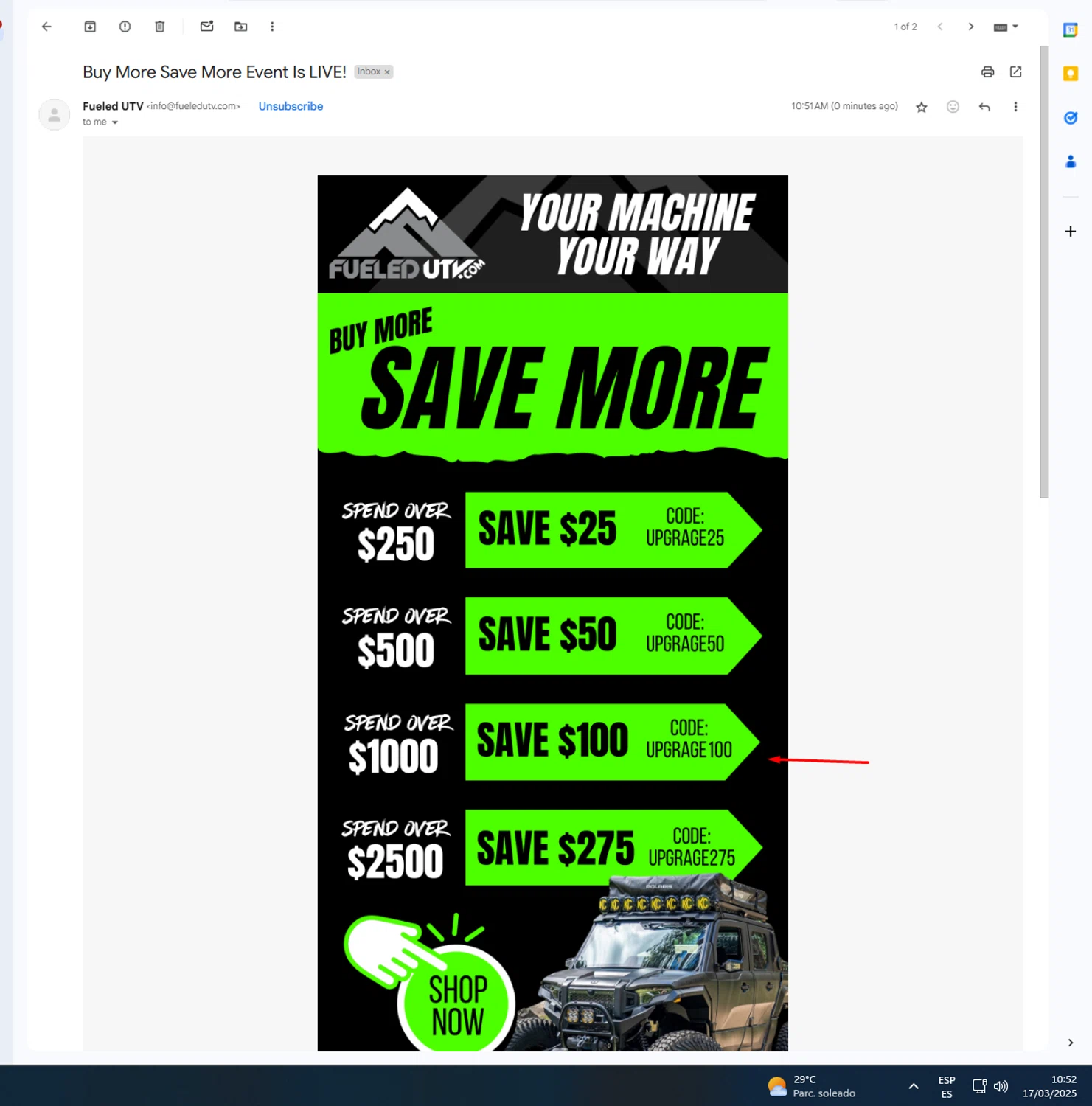 FueledUTV promo code screenshot showing code upgrade100 applied at FueledUTV checkout page. Uploaded by SimplyCodes community member UnkNownVnzla on Mar 17, 2025