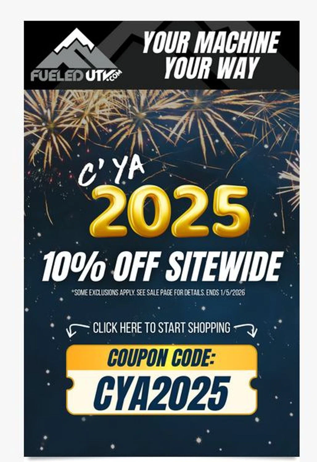 FueledUTV promo code screenshot showing code cya2025 applied at FueledUTV checkout page. Uploaded by SimplyCodes community member stygian1 on Dec 30, 2025