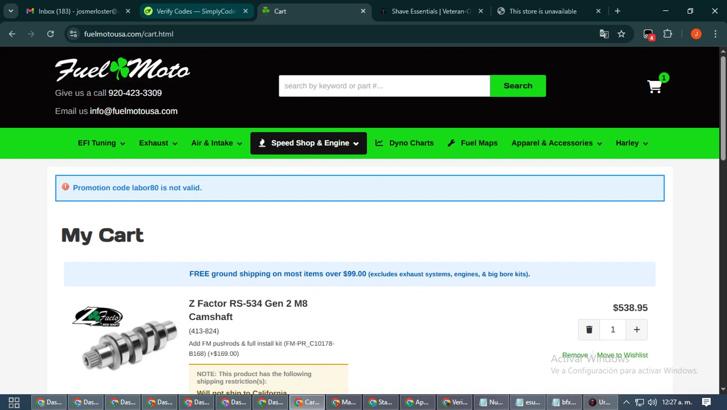 Fuel Moto promo code screenshot showing code labor80 applied at Fuel Moto checkout page. Uploaded by SimplyCodes community member NobleAce2304 on Sep 18, 2025